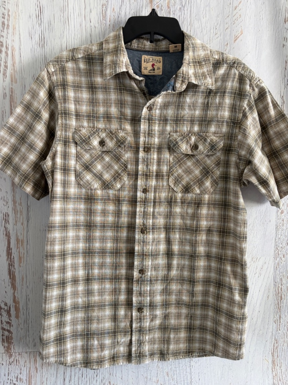 RedHead Men's Short-Sleeve Plaid Button-Down Shirt in Beige, Brown and White